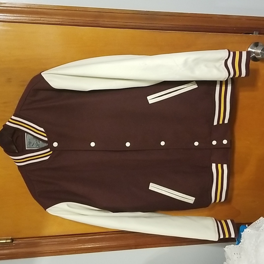 MEN LARGE RAW BLUE MAROON WOOL JACKET WITH LEATHER SLEEVES small pink mark left